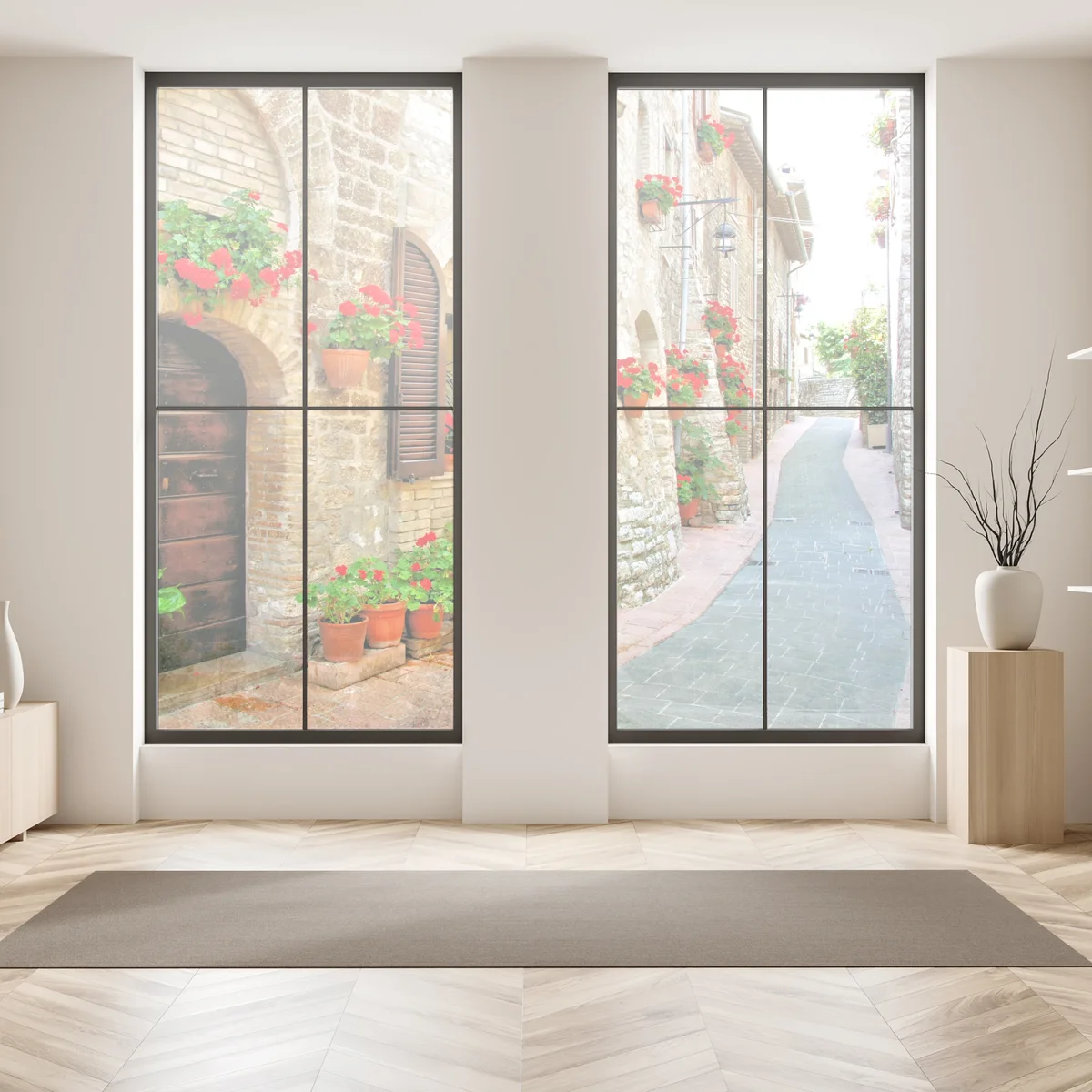 Naklejka na okno słoneczna kamienna uliczka z czerwonymi pelargoniami Naklejka na okno słoneczna kamienna uliczka z czerwonymi pelargoniami