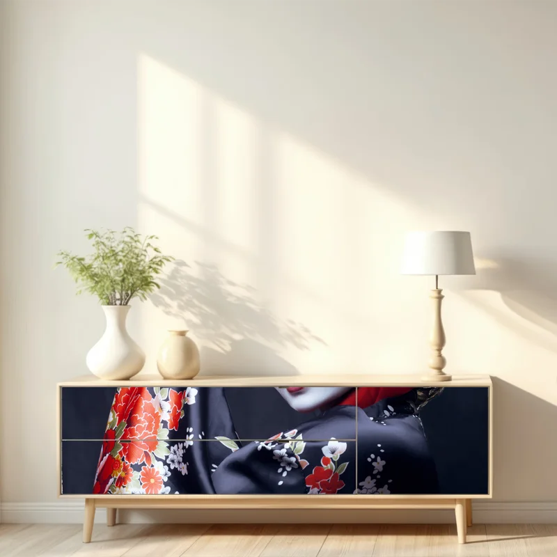 Repositionierbarer Aufkleber elegantes geisha-porträt in rotem und schwarzem kimono