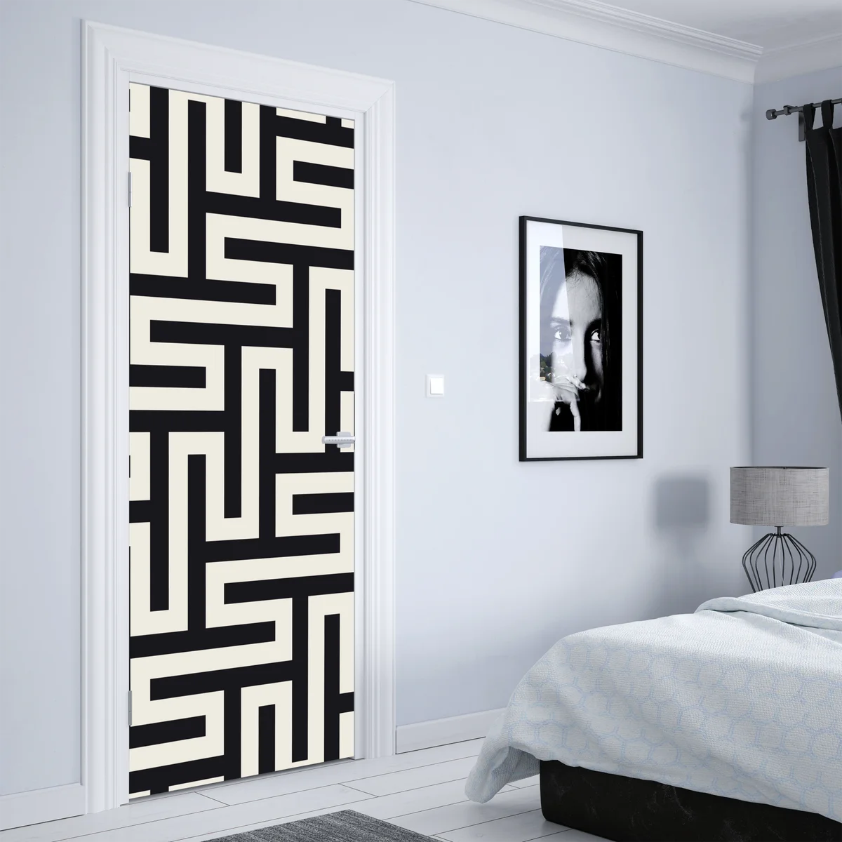 Türaufkleber geometrisches labyrinthmuster in beige und schwarz • Türaufkleber bei Wallnifity® Türaufkleber geometrisches labyrinthmuster in beige und schwarz • Türaufkleber bei Wallnifity®