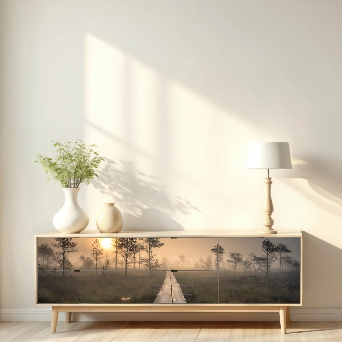 Repositionierbarer Aufkleber nebliger sonnenaufgang über dem holzsteg Repositionierbarer Aufkleber nebliger sonnenaufgang über dem holzsteg