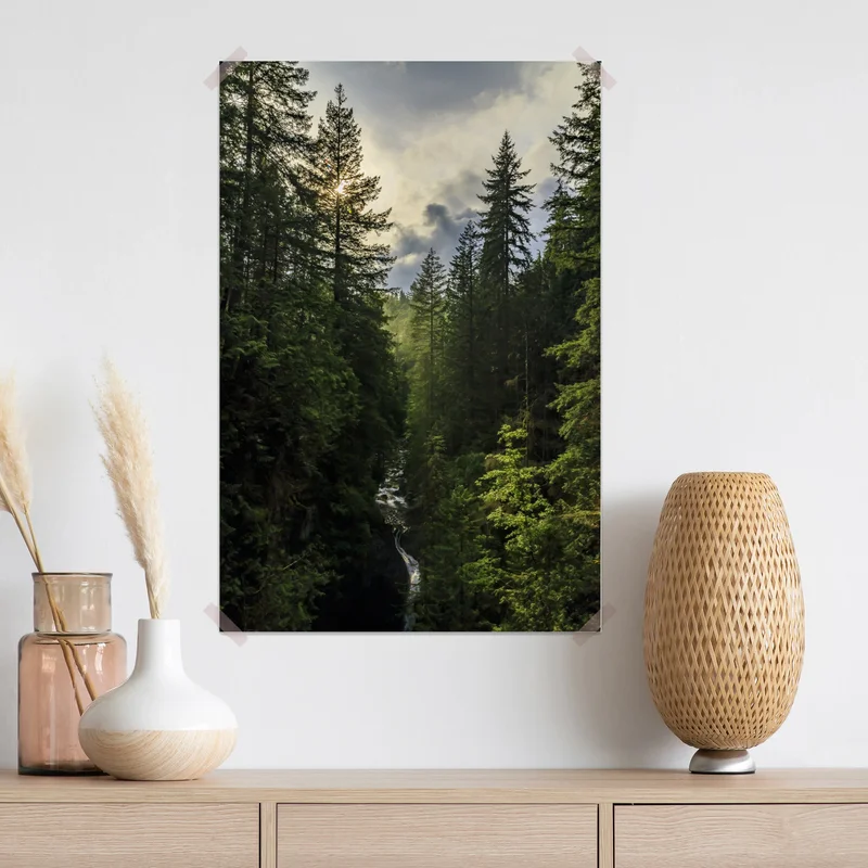 Poster nebliger immergrüner wald mit wasserfall Poster nebliger immergrüner wald mit wasserfall