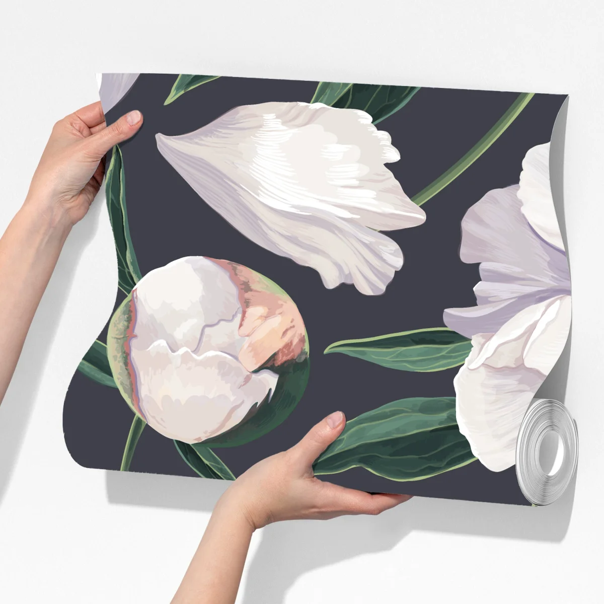 Fototapete weißes pfingstrosenmuster auf schiefergrauem hintergrund Fototapete weißes pfingstrosenmuster auf schiefergrauem hintergrund