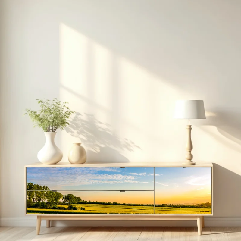 Repositionierbarer Aufkleber sonnenbeschienenes rapsfeld im abendlicht