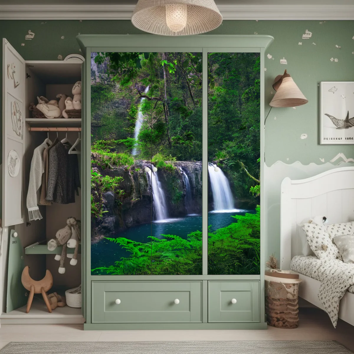 Schrankaufkleber beruhigender wasserfall im smaragdgrünen wald Schrankaufkleber beruhigender wasserfall im smaragdgrünen wald