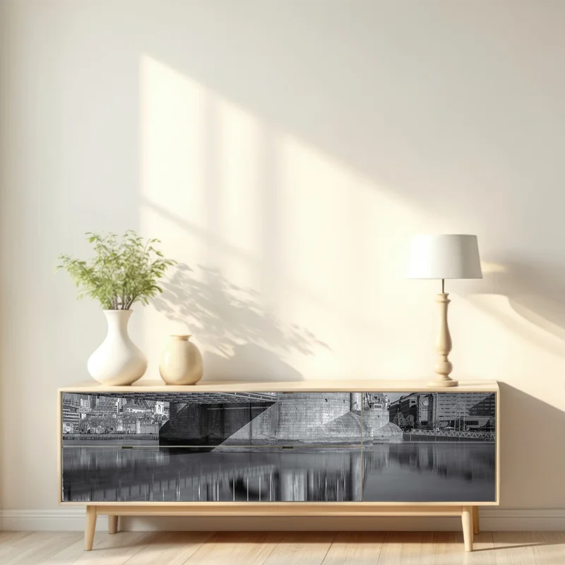 Repositionierbarer Aufkleber Tower Bridge reflektiert in schwarzweiß