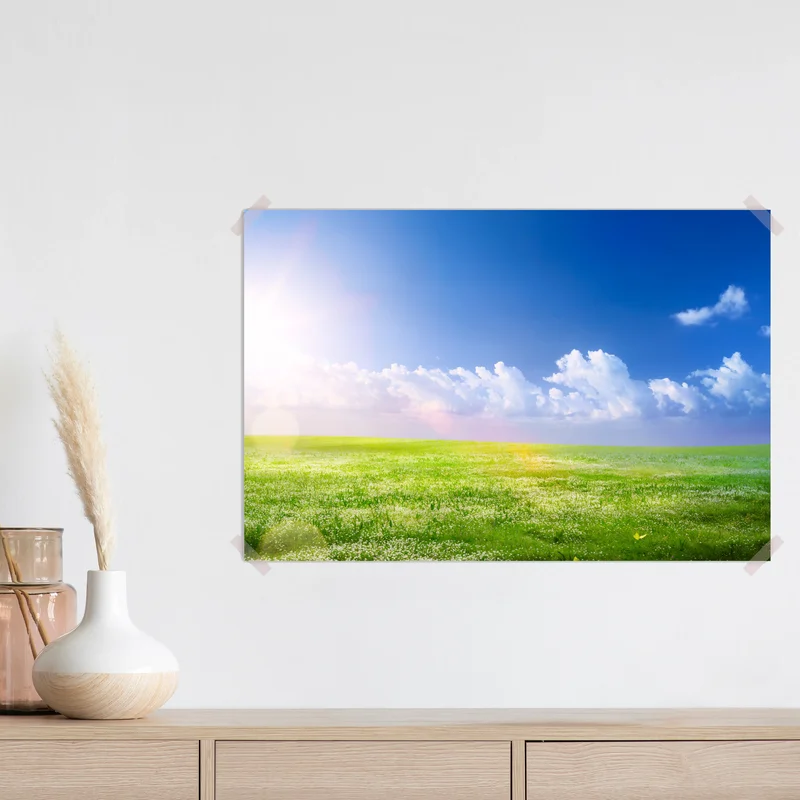 Poster sonnige frühlingswiese unter blauem himmel Poster sonnige frühlingswiese unter blauem himmel