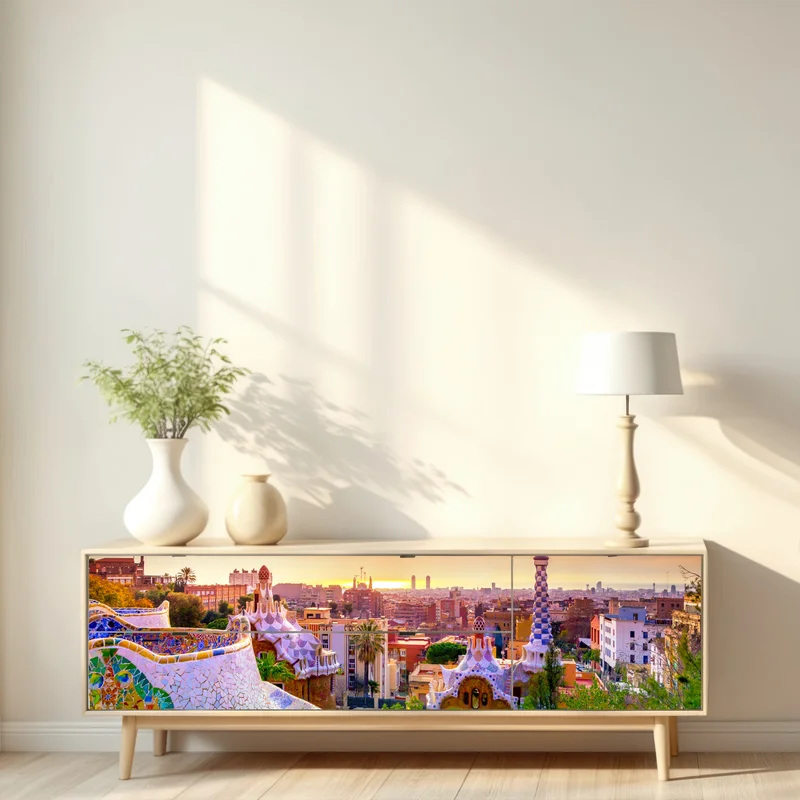 Repositionierbarer Aufkleber sonnenuntergang über Park Güell in Barcelona