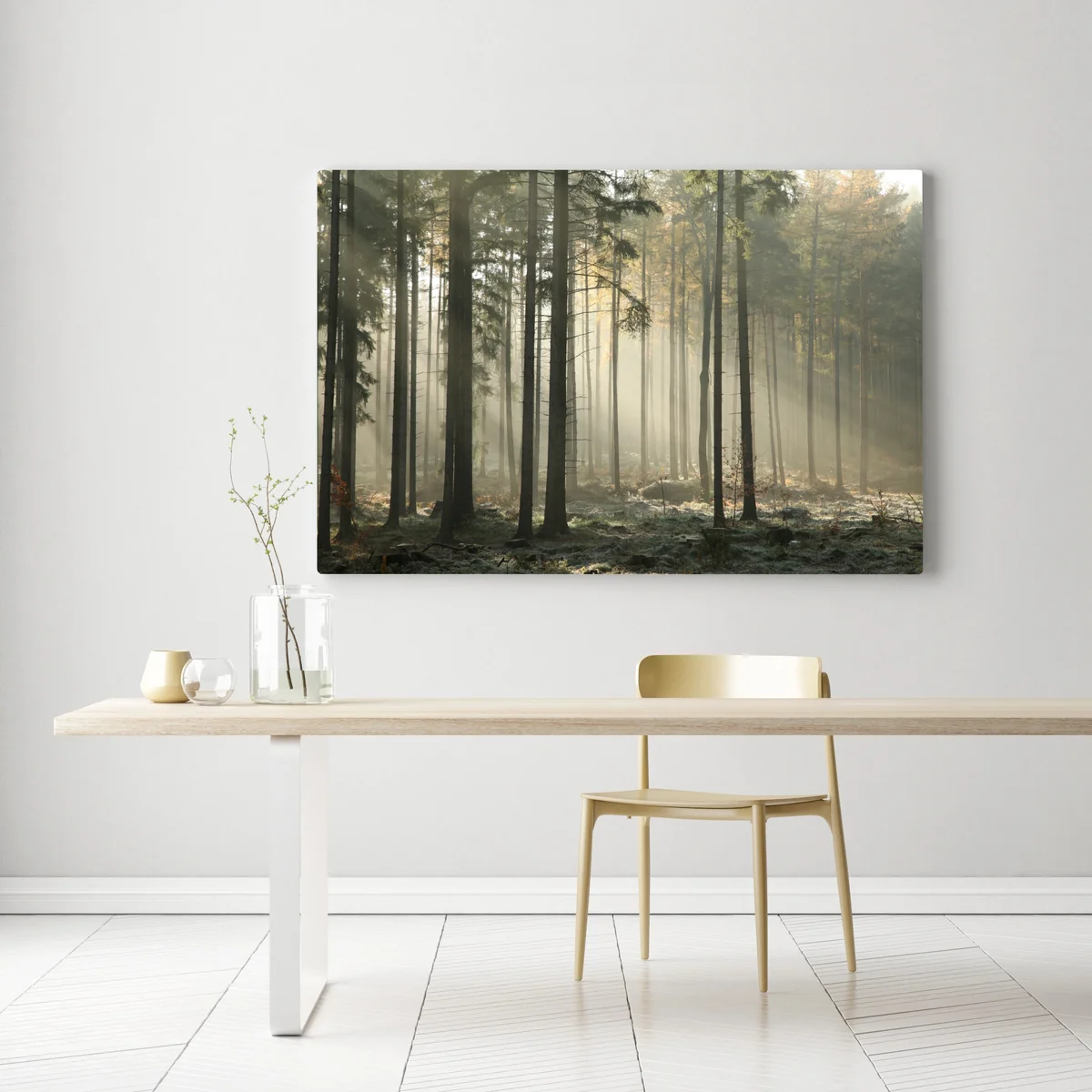 Leinwandbild nebliger morgenwald mit sonnenstrahlen Leinwandbild nebliger morgenwald mit sonnenstrahlen