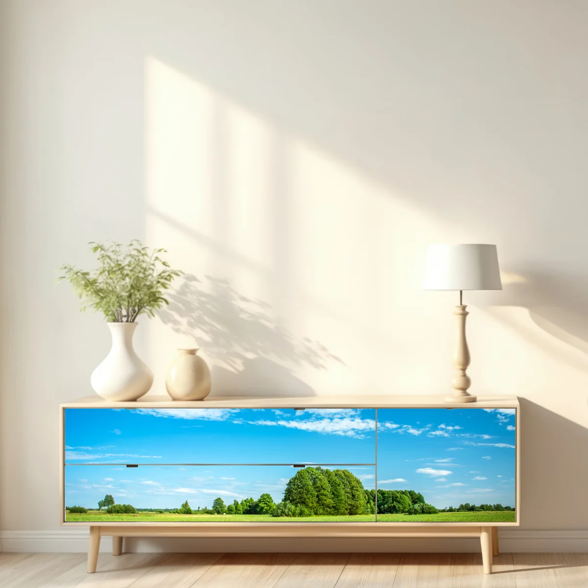 Repositionierbarer Aufkleber sonnige grüne wiese unter blauem himmel Repositionierbarer Aufkleber sonnige grüne wiese unter blauem himmel