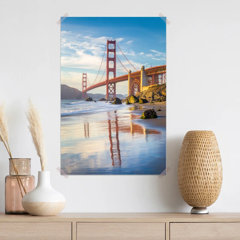 Poster Golden Gate Bridge reflektiert am strand Poster Golden Gate Bridge reflektiert am strand
