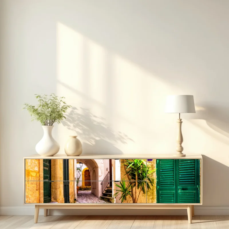 Repositionierbarer Aufkleber sonnige mediterrane gasse mit grünen jalousien Repositionierbarer Aufkleber sonnige mediterrane gasse mit grünen jalousien