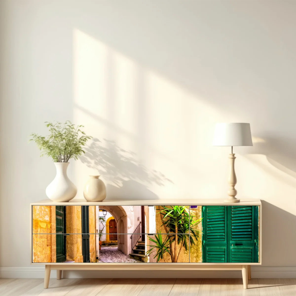 Repositionierbarer Aufkleber sonnige mediterrane gasse mit grünen jalousien Repositionierbarer Aufkleber sonnige mediterrane gasse mit grünen jalousien