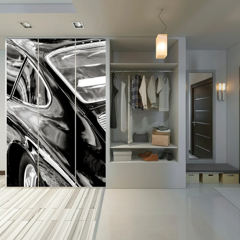 Schrankaufkleber oldtimer rückansicht detail in schwarzweiß Schrankaufkleber oldtimer rückansicht detail in schwarzweiß