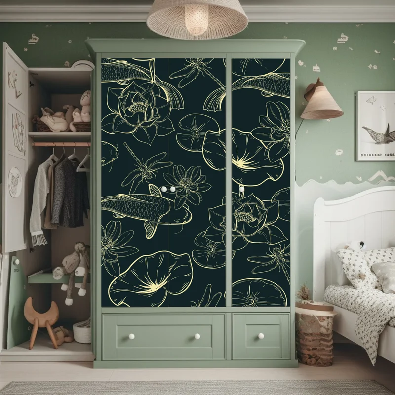 Schrankaufkleber handgezeichnetes koi- und lotusmuster