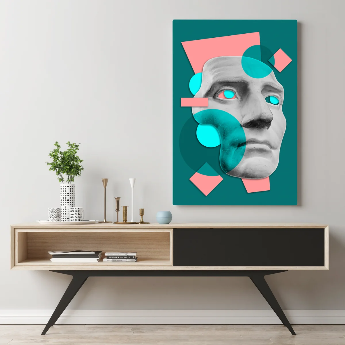 Leinwandbild abstrakte klassische maske in türkis und rosa Leinwandbild abstrakte klassische maske in türkis und rosa