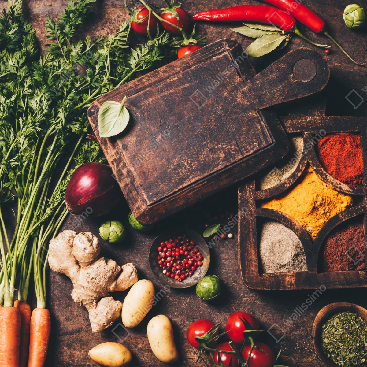 Fototapeta rustykalna kompozycja przypraw i świeżych warzyw Fototapeta rustykalna kompozycja przypraw i świeżych warzyw