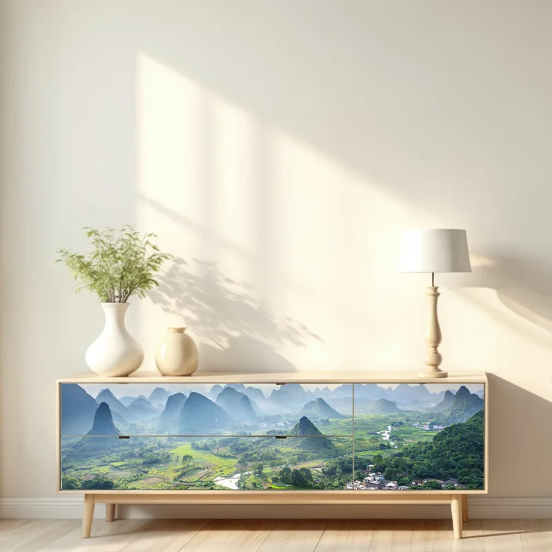 Repositionierbarer Aufkleber nebliges karsttal bei sonnenaufgang