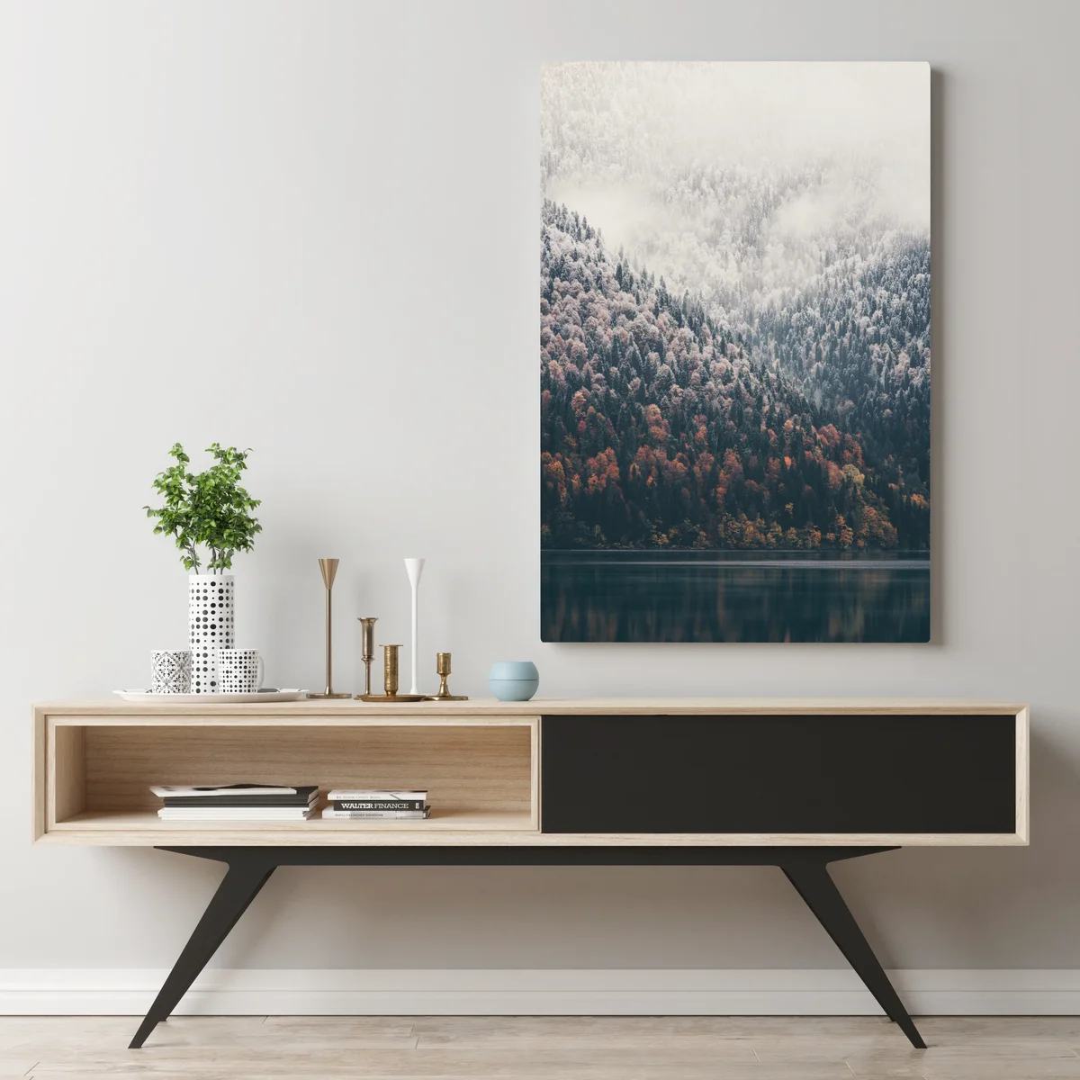 Leinwandbild herbstlicher nebel über bergwald Leinwandbild herbstlicher nebel über bergwald