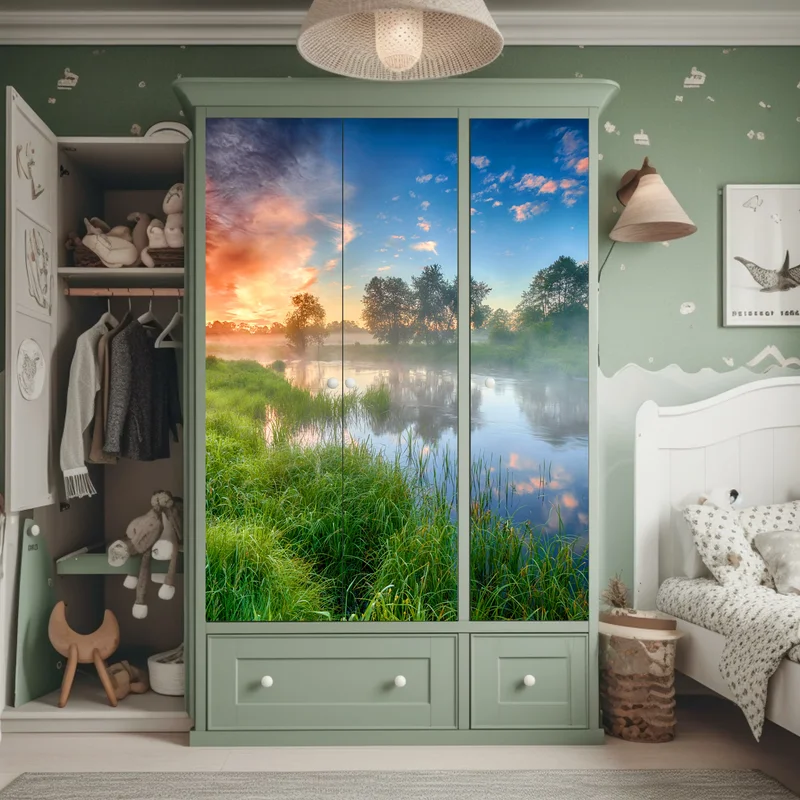 Schrankaufkleber nebel bei sonnenaufgang am flussufer Schrankaufkleber nebel bei sonnenaufgang am flussufer