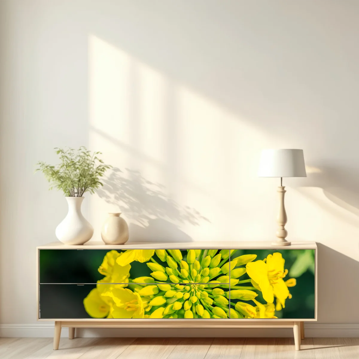 Repositionierbarer Aufkleber lebhafte gelbe rapsblüte im nahen makro Repositionierbarer Aufkleber lebhafte gelbe rapsblüte im nahen makro