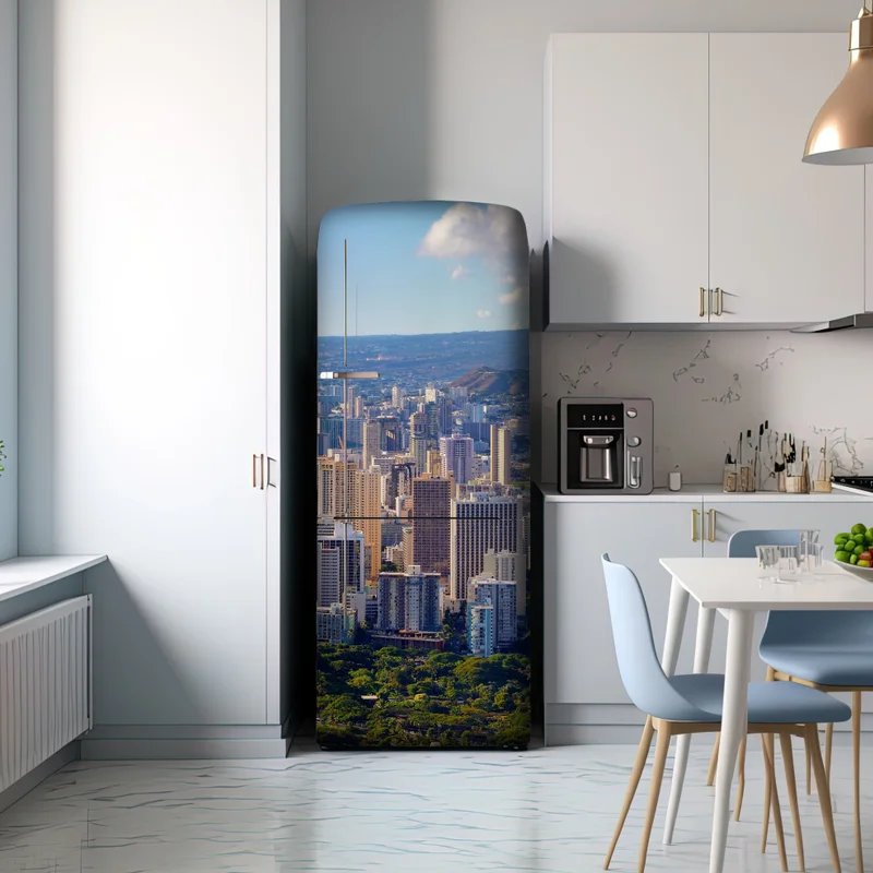 Kühlschrankaufkleber panoramablick auf eine tropische küstenstadt