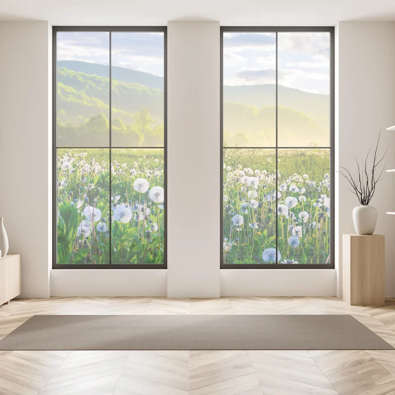 Fensteraufkleber neblige löwenzahnwiese im sonnenaufgang Fensteraufkleber neblige löwenzahnwiese im sonnenaufgang