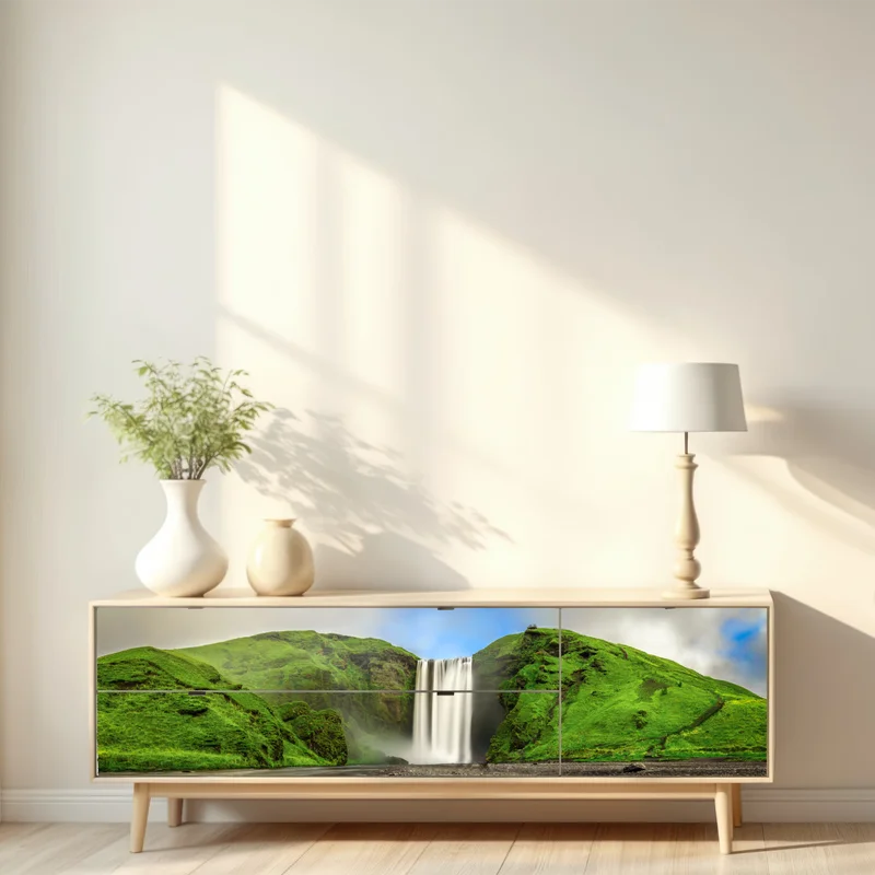 Repositionierbarer Aufkleber panorama des wasserfalls Skogafoss