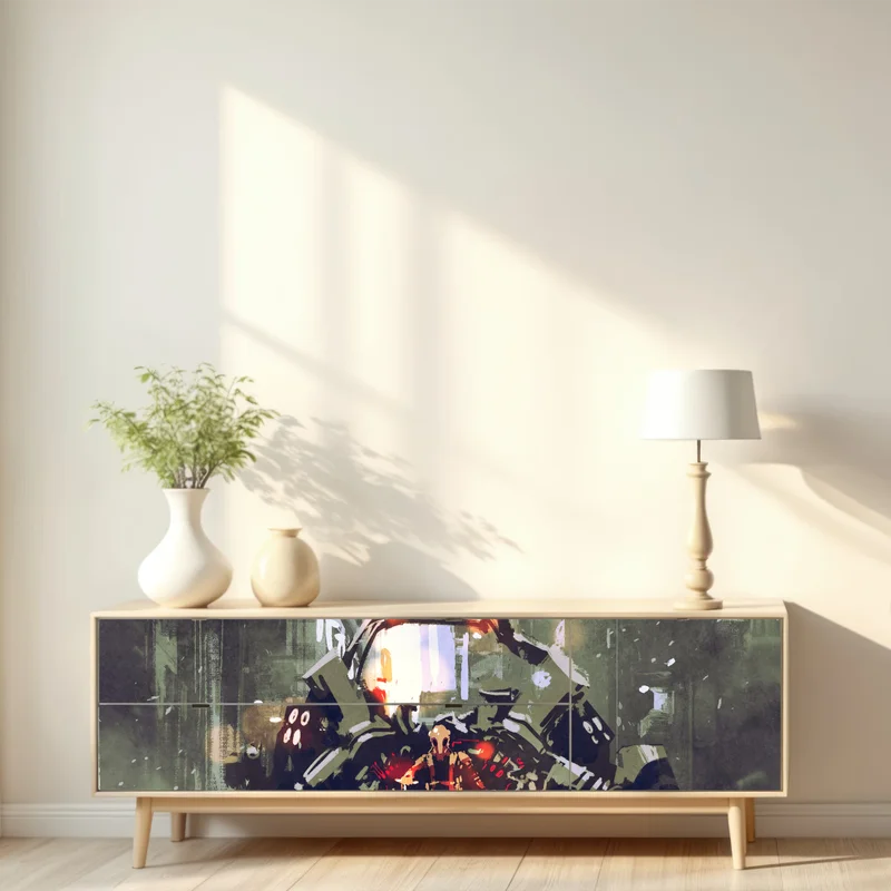 Repositionierbarer Aufkleber futuristischer mech in neonstadt