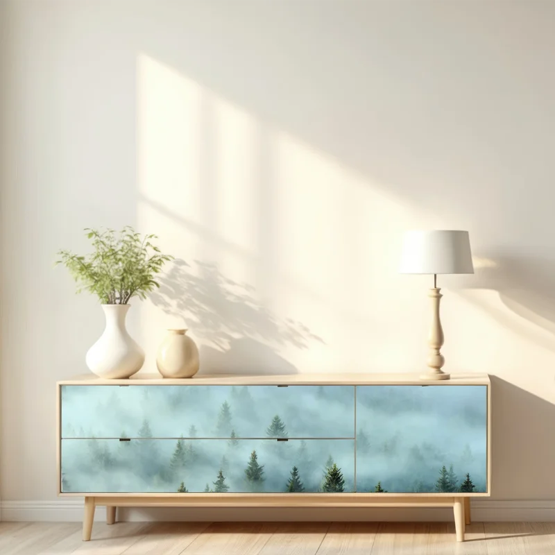 Repositionierbarer Aufkleber nebliger fichtenwald am morgen Repositionierbarer Aufkleber nebliger fichtenwald am morgen