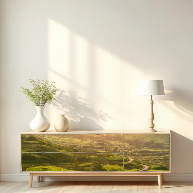 Repositionierbarer Aufkleber goldener sonnenuntergang über einer geschwungenen landstraße