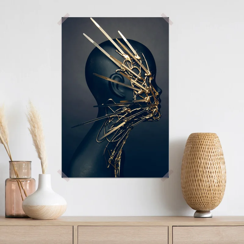 Poster goldene drahtskulptur auf schwarzer büste Poster goldene drahtskulptur auf schwarzer büste