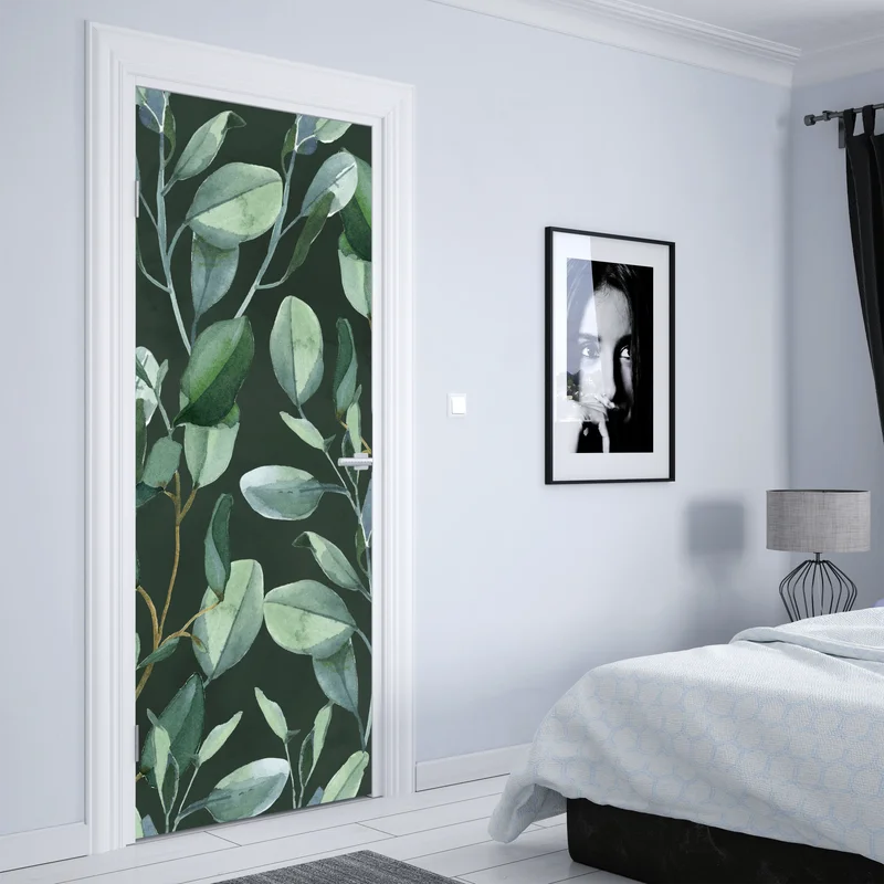 Türaufkleber aquarell eukalyptusblätter muster auf dunkelgrünem hintergrund Türaufkleber aquarell eukalyptusblätter muster auf dunkelgrünem hintergrund