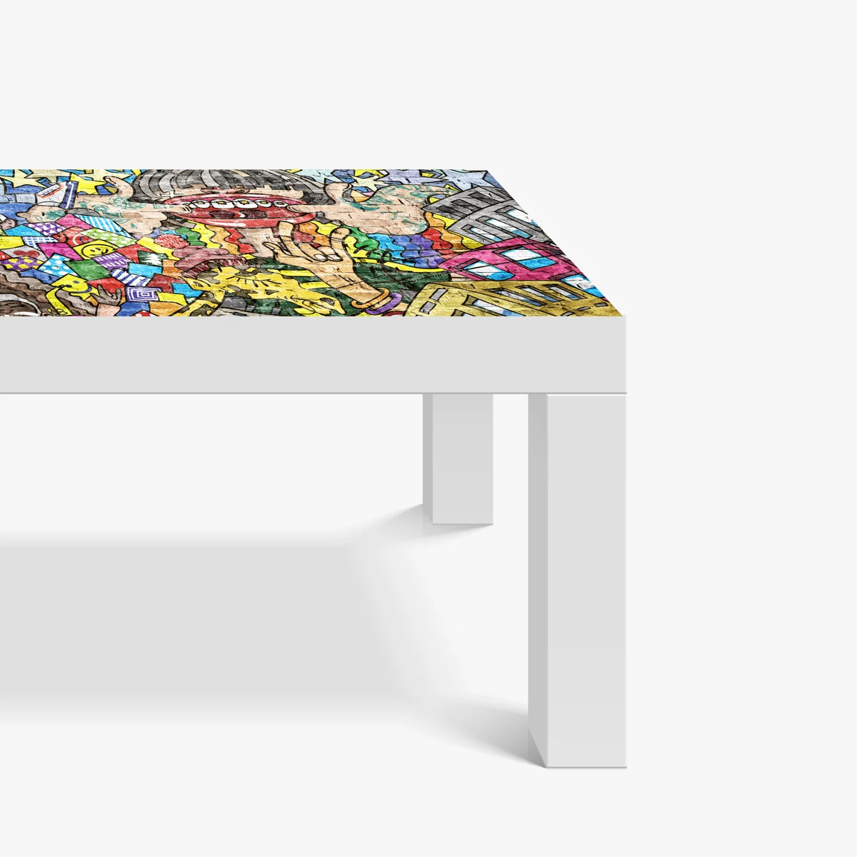 Tischaufkleber und Schreibtischaufkleber buntes graffiti-mural mit verspielter figur Tischaufkleber und Schreibtischaufkleber buntes graffiti-mural mit verspielter figur