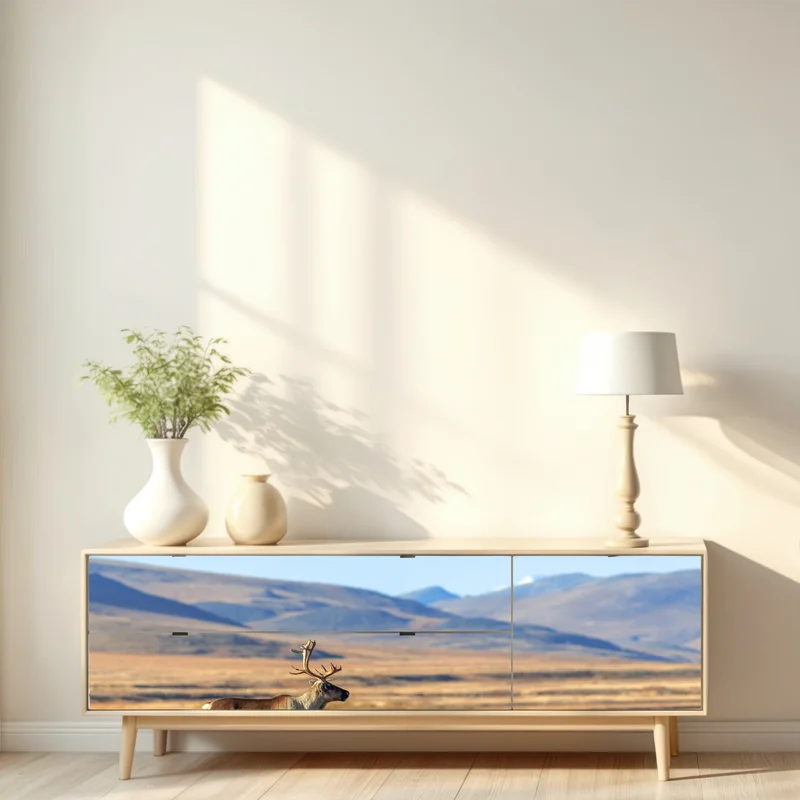 Repositionierbarer Aufkleber einsames rentier in der Tundra von Tschukotka