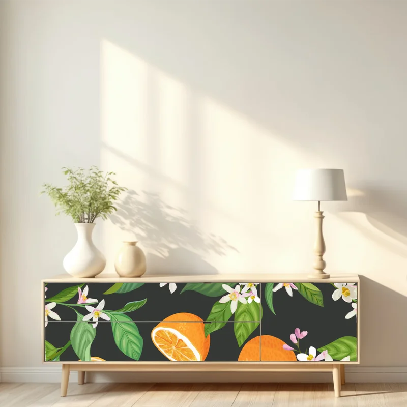 Repositionierbarer Aufkleber orangeblüten- und zitrusmuster auf dunklem hintergrund