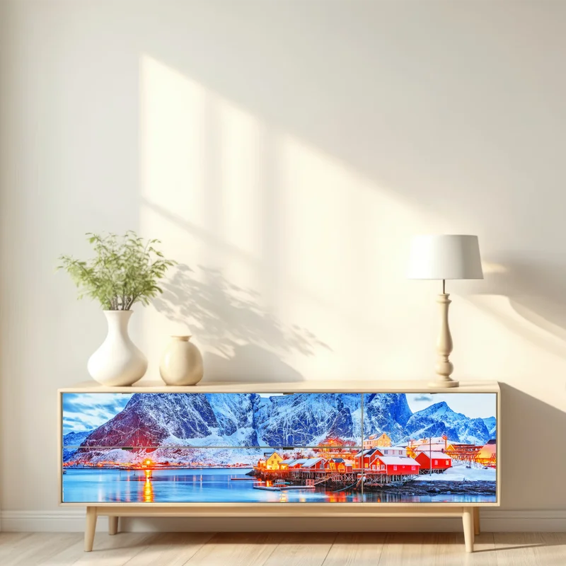 Repositionierbarer Aufkleber verschneites küstendorf unter hohen bergen Repositionierbarer Aufkleber verschneites küstendorf unter hohen bergen