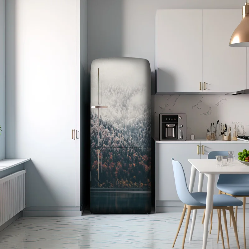 Kühlschrankaufkleber herbstlicher nebel über bergwald