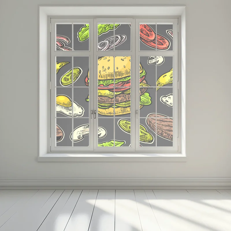 Fensteraufkleber buntes burger-muster mit zutaten Fensteraufkleber buntes burger-muster mit zutaten