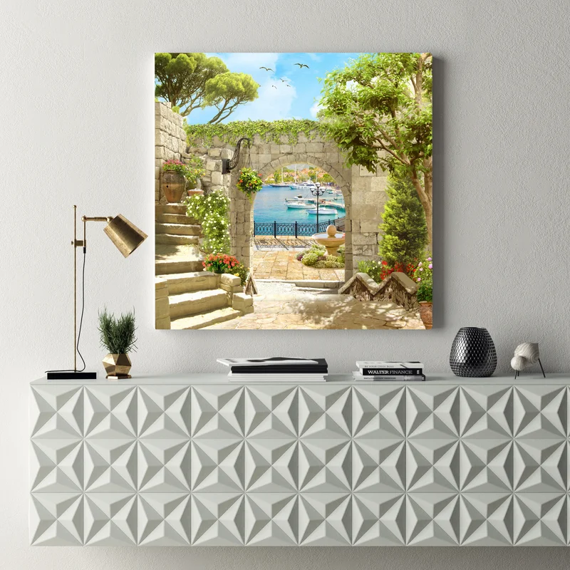 Leinwandbild mediterraner blick durch eine arkade Leinwandbild mediterraner blick durch eine arkade