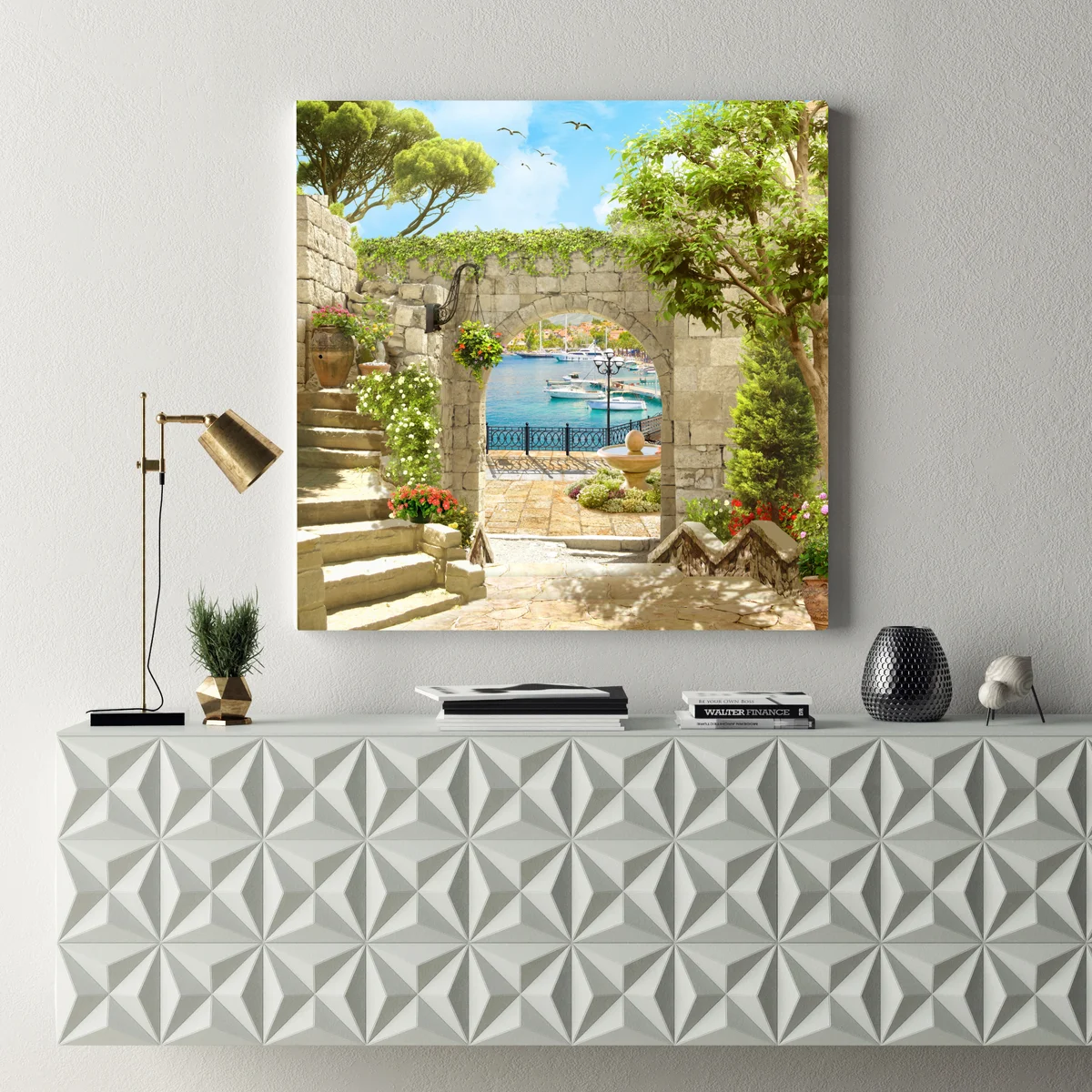 Leinwandbild mediterraner blick durch eine arkade Leinwandbild mediterraner blick durch eine arkade