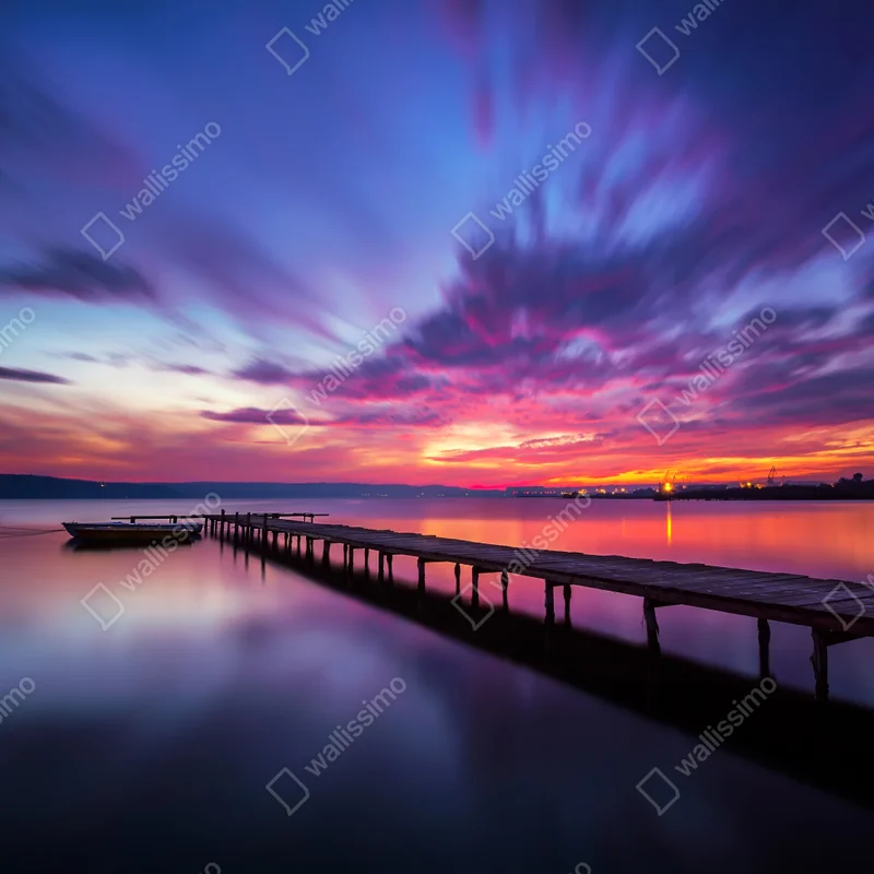 Poster sonnenuntergang über ruhigem see mit hölzernem steg Poster sonnenuntergang über ruhigem see mit hölzernem steg