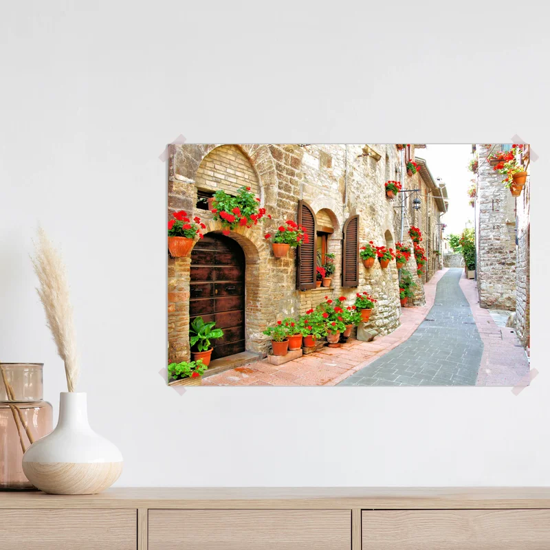 Poster sonnige steingasse mit roten geranien Poster sonnige steingasse mit roten geranien