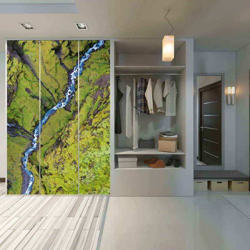 Schrankaufkleber luftaufnahme: fluss in moosbedeckter schlucht