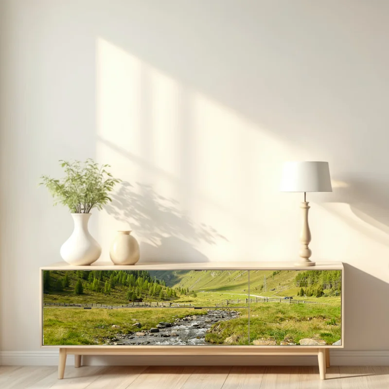 Repositionierbarer Aufkleber alpenbach im sonnigen tal