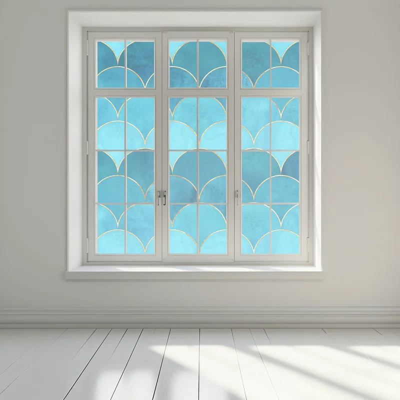 Fensteraufkleber türkis schuppenmuster mit goldakzenten • Fensteraufkleber bei Wallnifity® Fensteraufkleber türkis schuppenmuster mit goldakzenten • Fensteraufkleber bei Wallnifity®