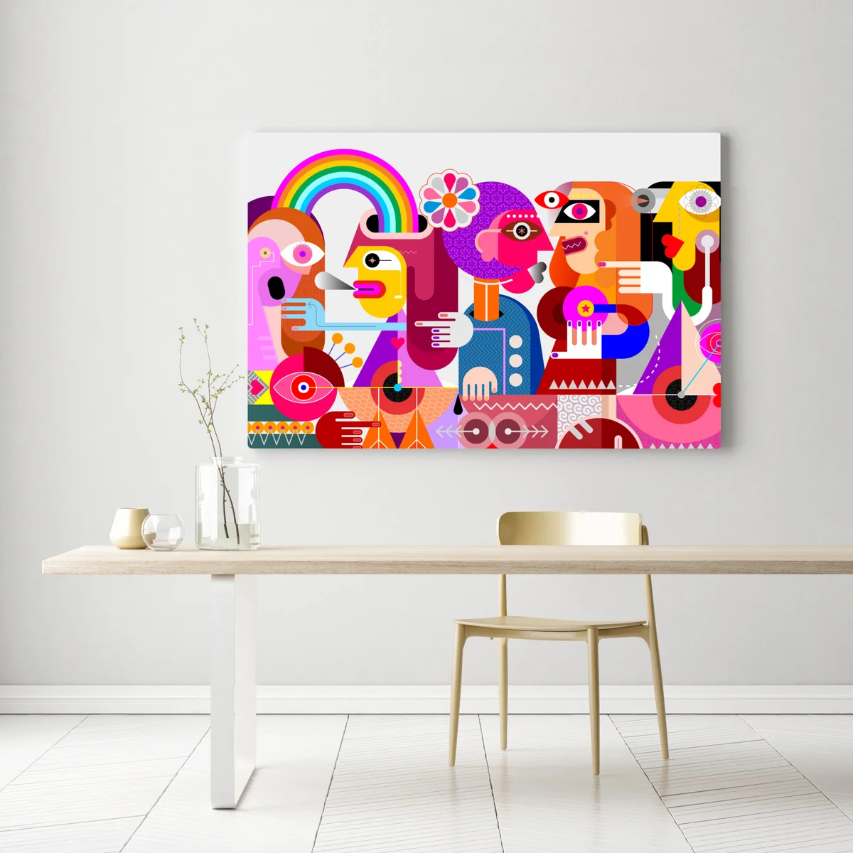 Leinwandbild mann mit regenbogen reitet geometrischen vogel Leinwandbild mann mit regenbogen reitet geometrischen vogel