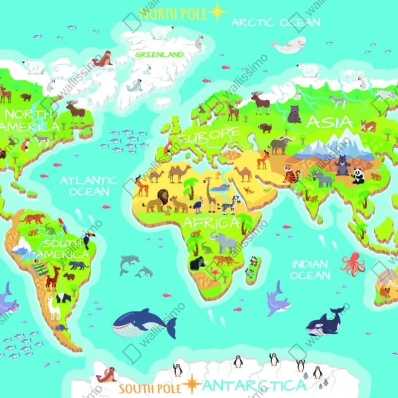 Fototapete bunte weltkarte mit tieren für kinder Fototapete bunte weltkarte mit tieren für kinder