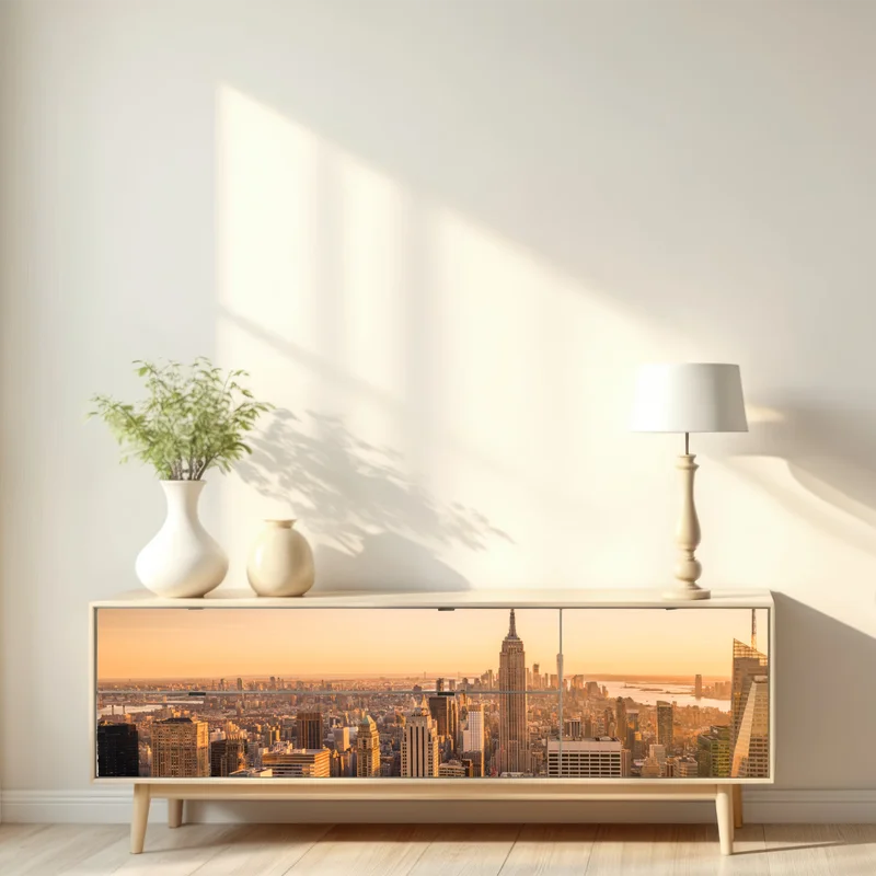 Repositionierbarer Aufkleber goldener sonnenuntergang über der skyline von New York