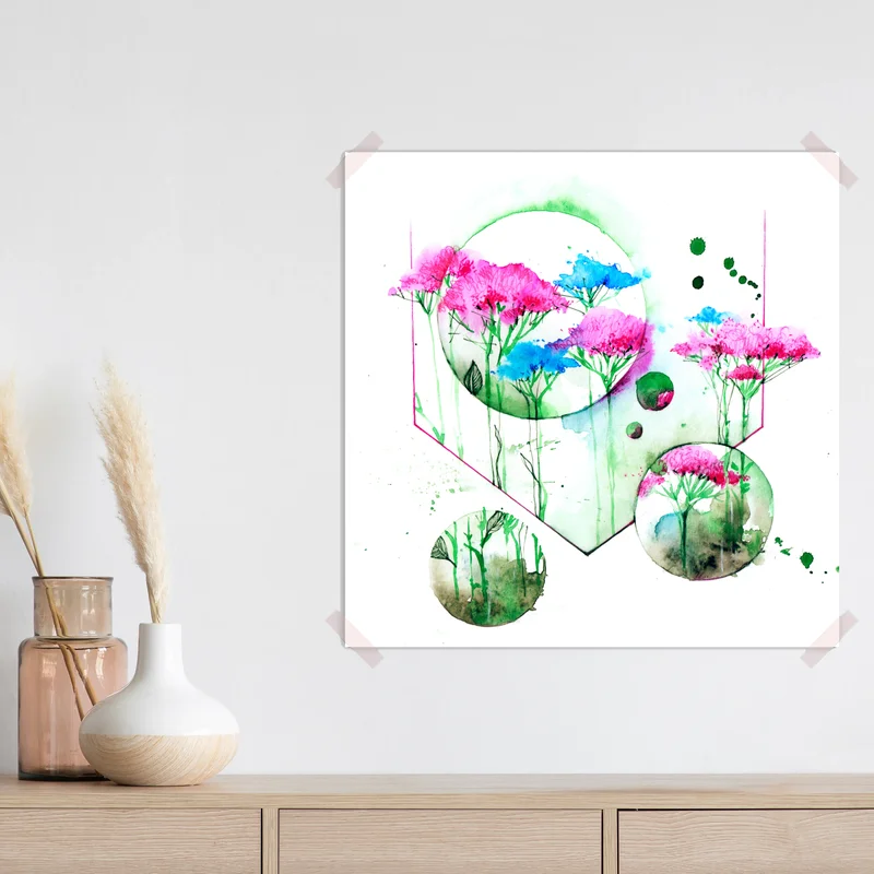 Poster geometrische aquarellblüten in rosa und blau • Poster bei Wallnifity® Poster geometrische aquarellblüten in rosa und blau • Poster bei Wallnifity®