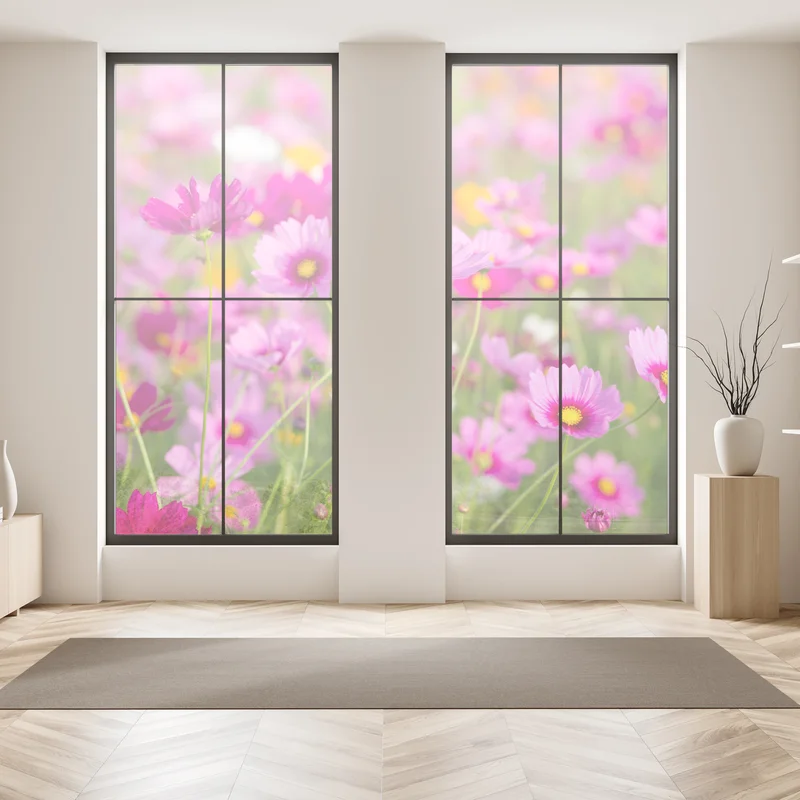 Fensteraufkleber rosa kosmeenwiese in blüte